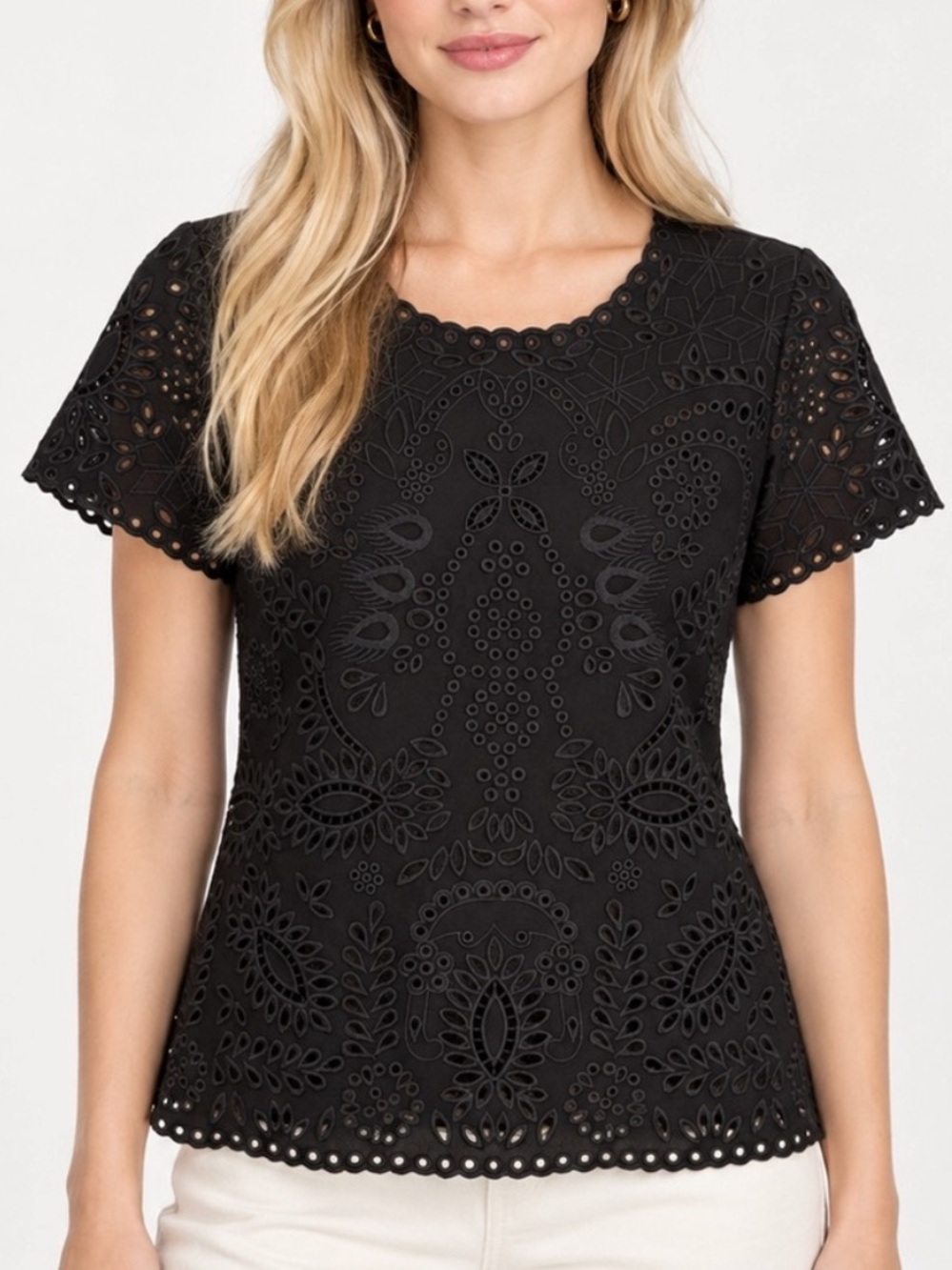 J.McLaughlin Black Eyelet Embroidered Short Sleeve Top Size Medium 6138